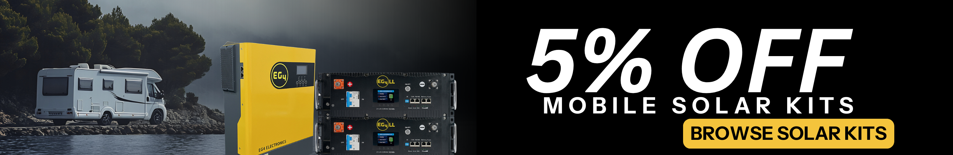 Get 5% off mobile solar kits showing EG4 inverter and batteries with an RV. Browse solar kits!