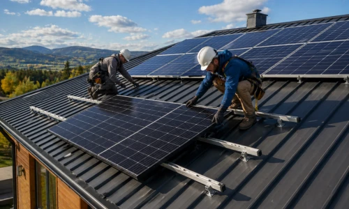 Two people mounting solar panels on a roof.