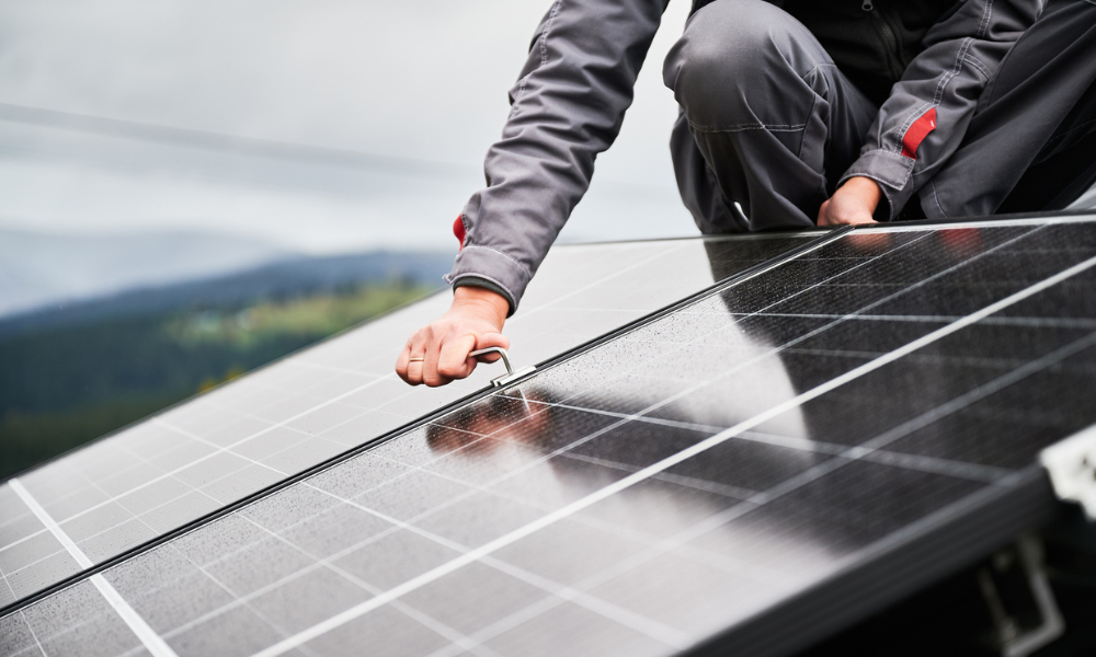 Solar panel mounting close up on roof.