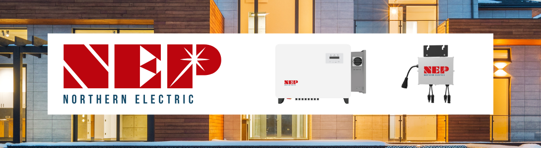NEP logo showing string inverter and microinverter with house and lights in the background
