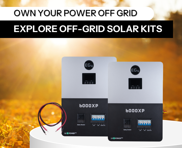 Shop off-grid solar kits, showing EG4 6000xp inverters. Shop now!