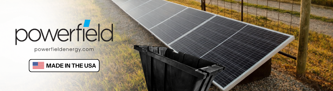 PowerField Energy brand banner showing ground mount and solar panels. Made in the USA.