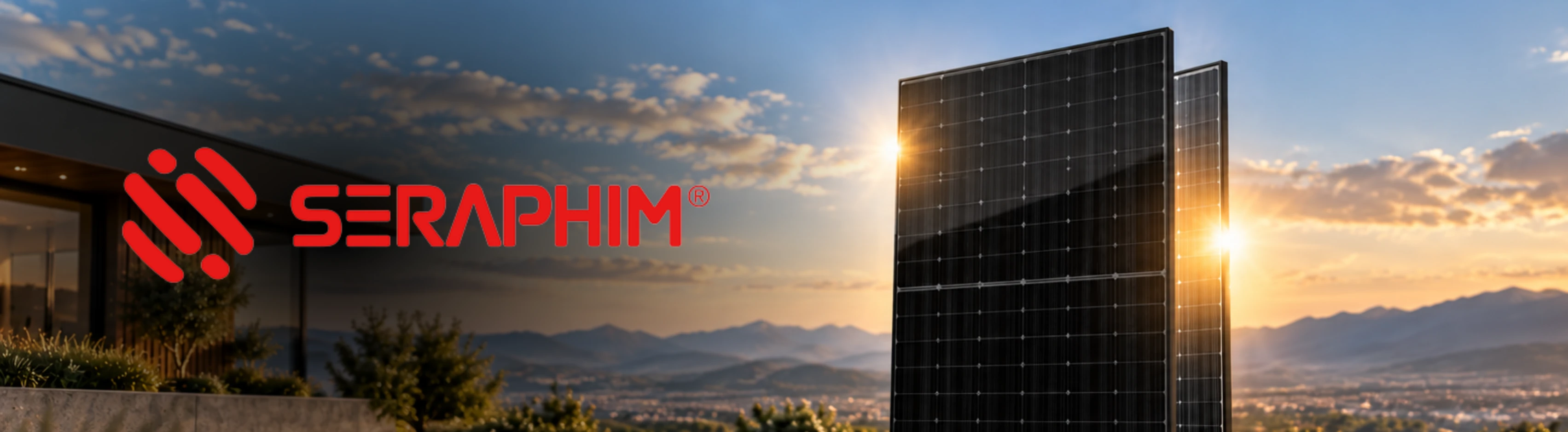 Seraphim logo with solar panels showing sunlight glowing through the mountains.