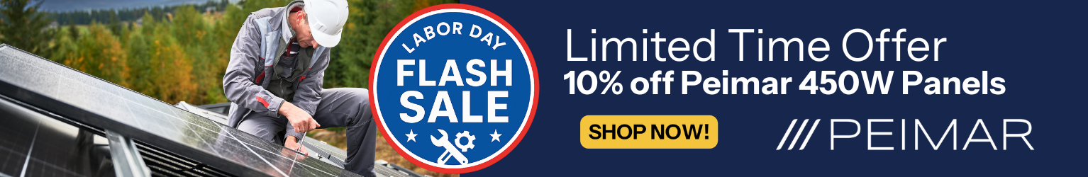 Don’t miss the $99 solar panel Labor Day sale! Showing person installing a solar panel on roof with shop now CTA.