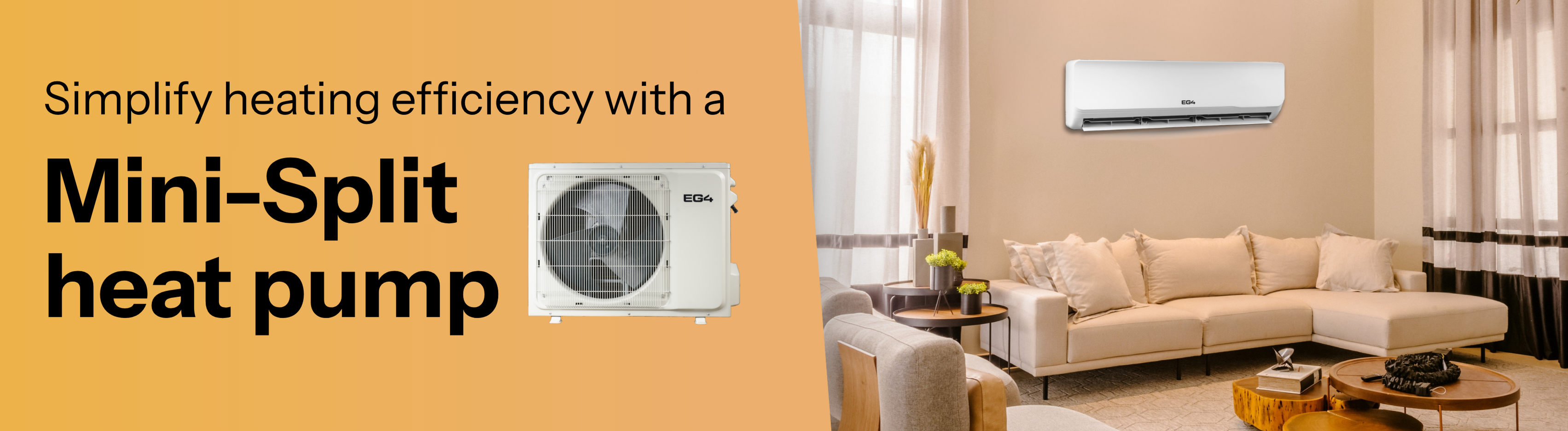 Promotional banner showing living room with couch and mini-split heat pump