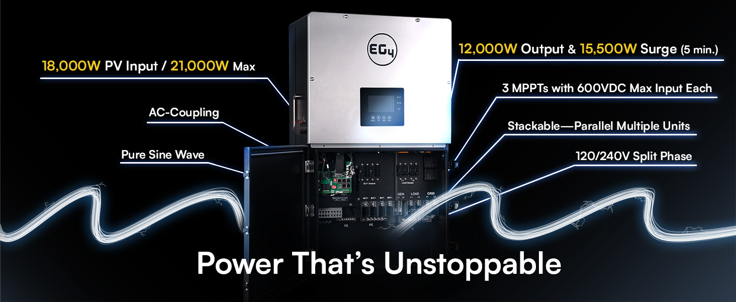 EG4 Hybrid Solar Inverter output power - 12000w output, 18000w input
