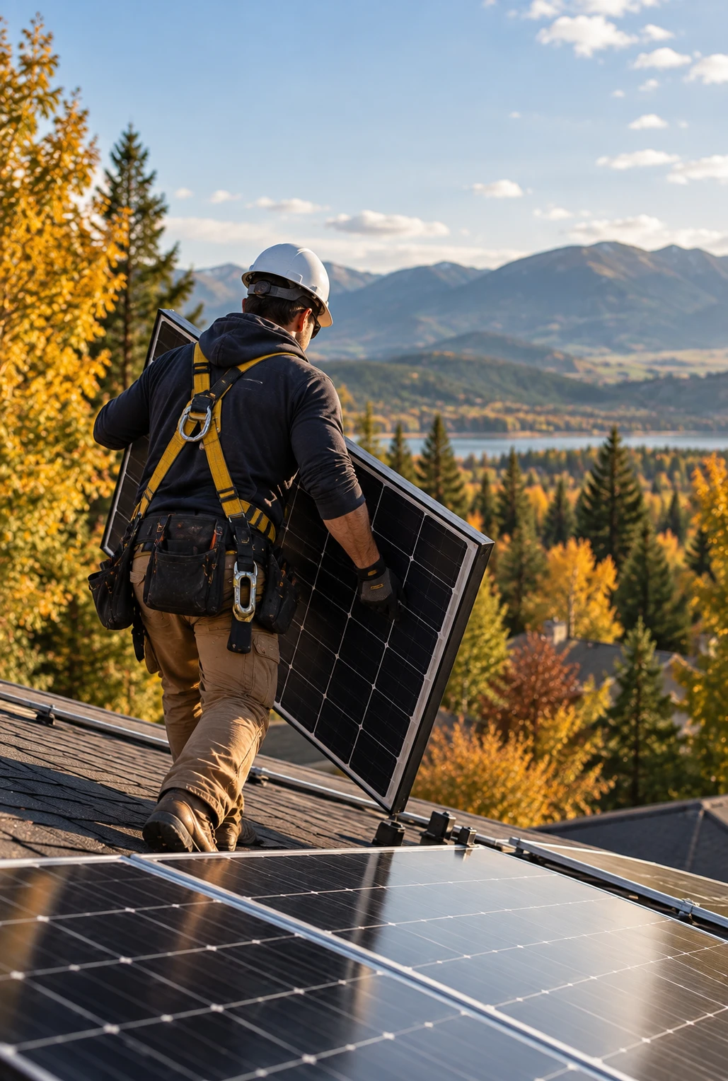 Installer in white hard hat installing solar panels on roof.