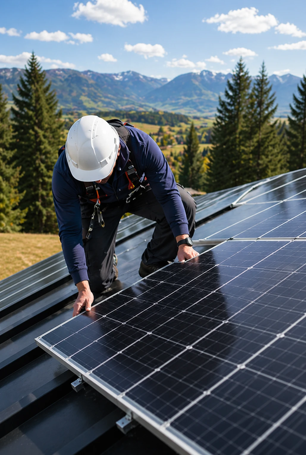 Man in white hat mounting solar panels on a roof.