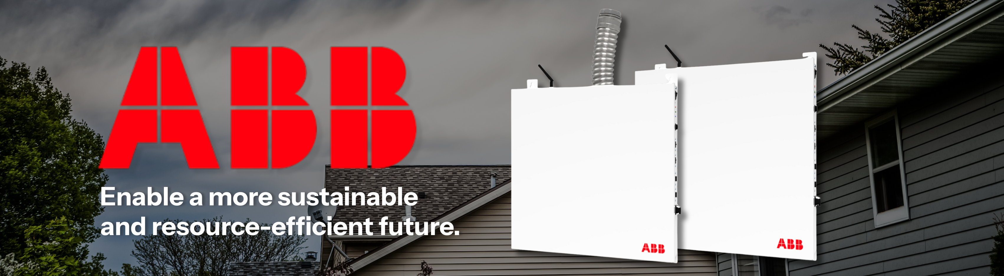 ABB ReliaHome Smart Panels shown in front of house with storm and ABB logo.