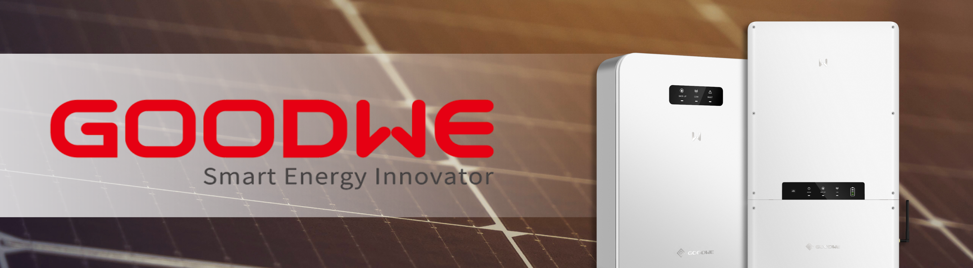 GoodWe logo and products over solar panel background.