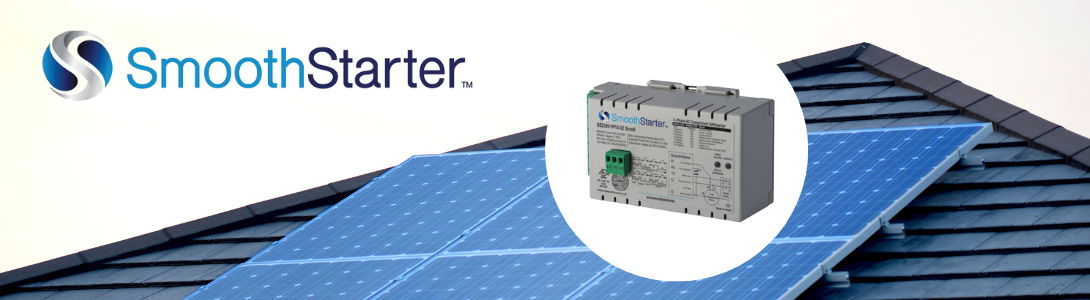 SmoothStarter logo and single-phase soft starter over roof with solar panels