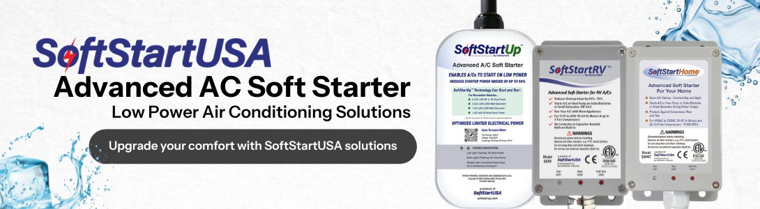 SoftStartUSA brand banner showing SoftStart Advanced AC Soft Starter for low power air conditioning solutions. Displaying products and ice cube cooling. Upgrade and shop now!
