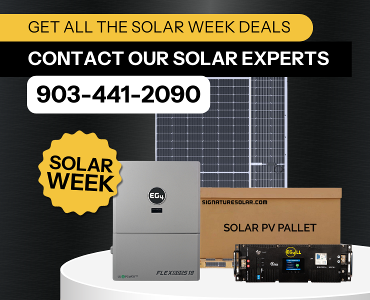 Contact our solar experts against dark background with EG4 products and solar panel displayed. 903-441-2090 call button.