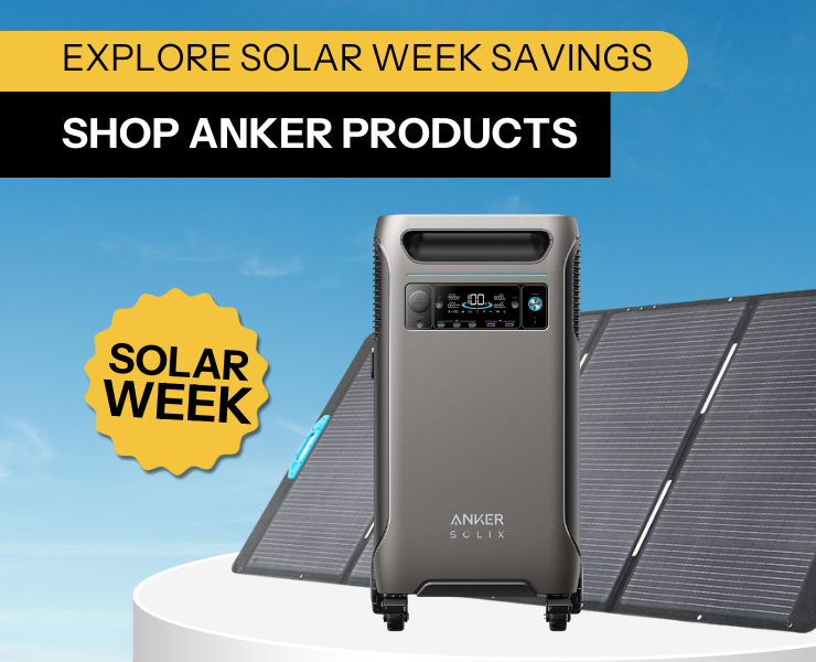 Anker SOLIX F3800 against sky background with solar week badge. Shop now!