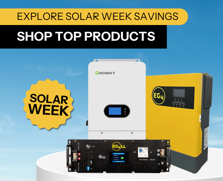 Top solar products against sky background with solar week badge. Shop now!