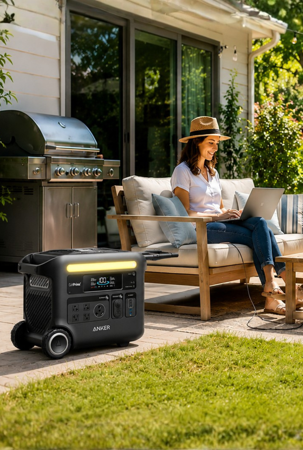 Woman sitting outdoors on laptop with Anker portable power station.