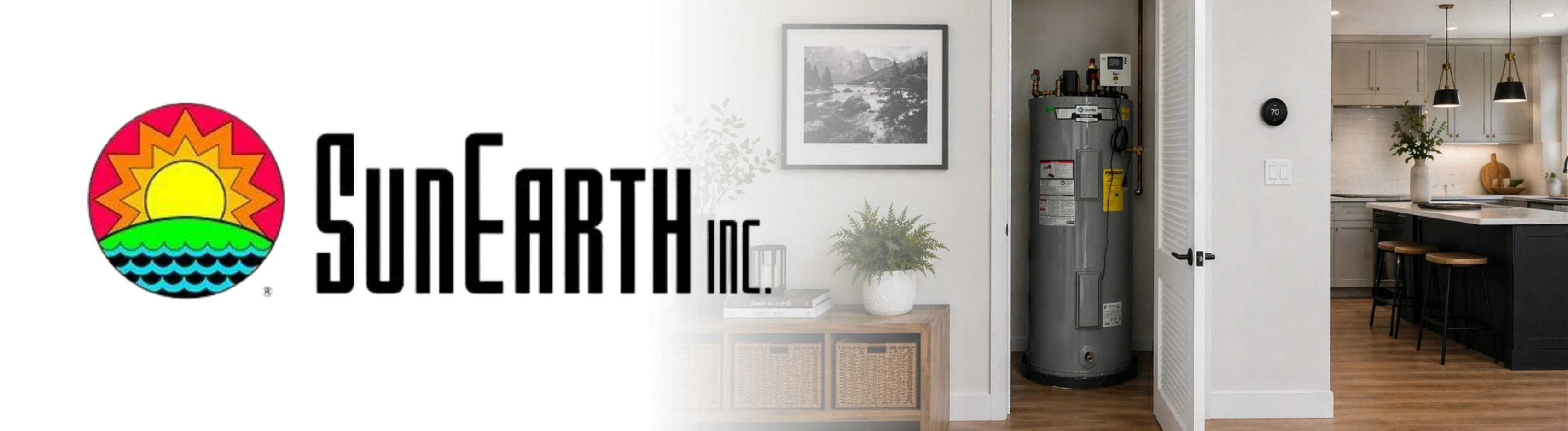 SunEarth logo and image showing solar water heater in home closet near kitchen.