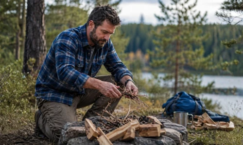Man in plaid shirt starting fire in the woods.