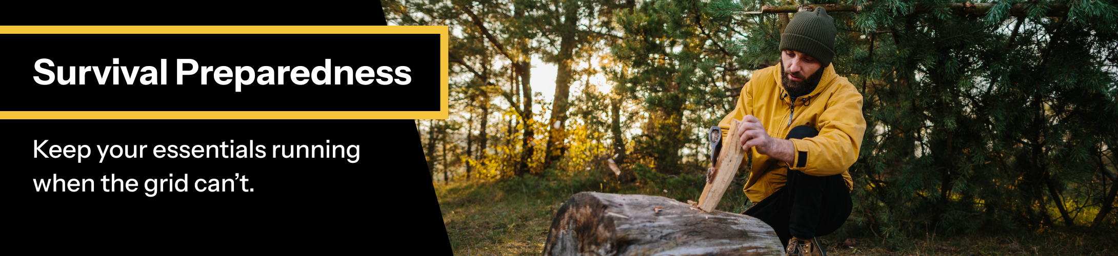 Survival Preparedness banner with man splitting wood in the woods.