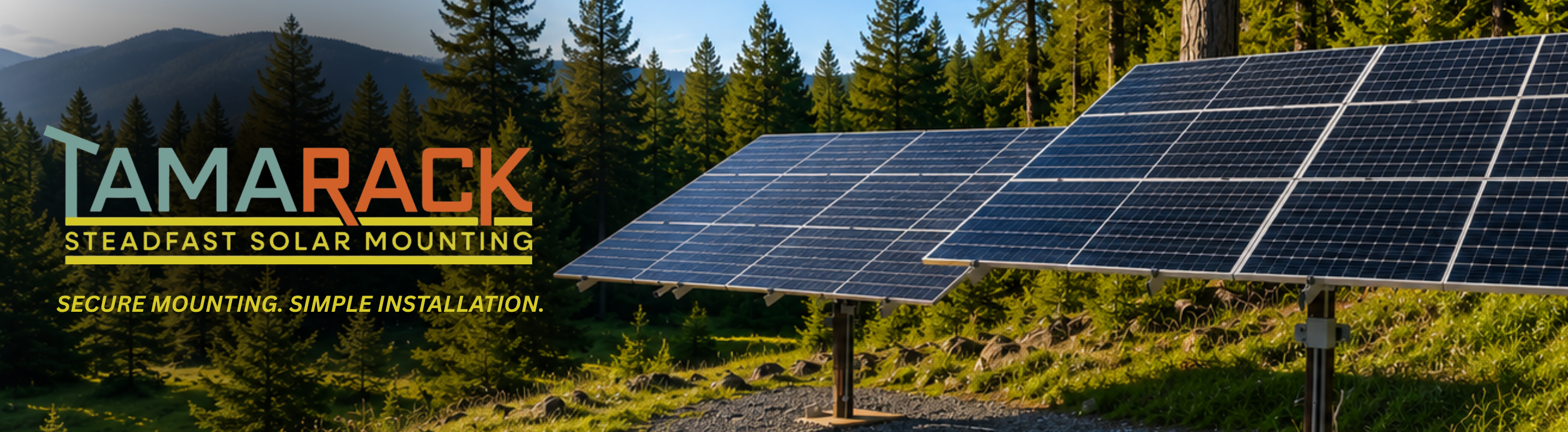 Tamarack Solar Mounting showing pole mount systems with solar panels alongside trees.