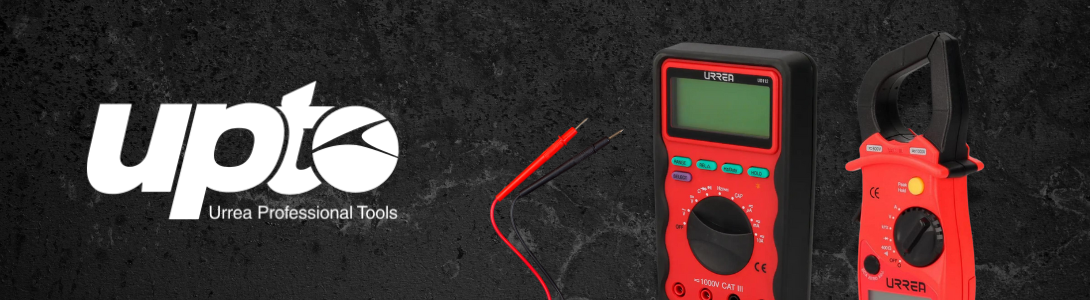 Upto Urrea Professional Tools logo and multimeters on stone background.