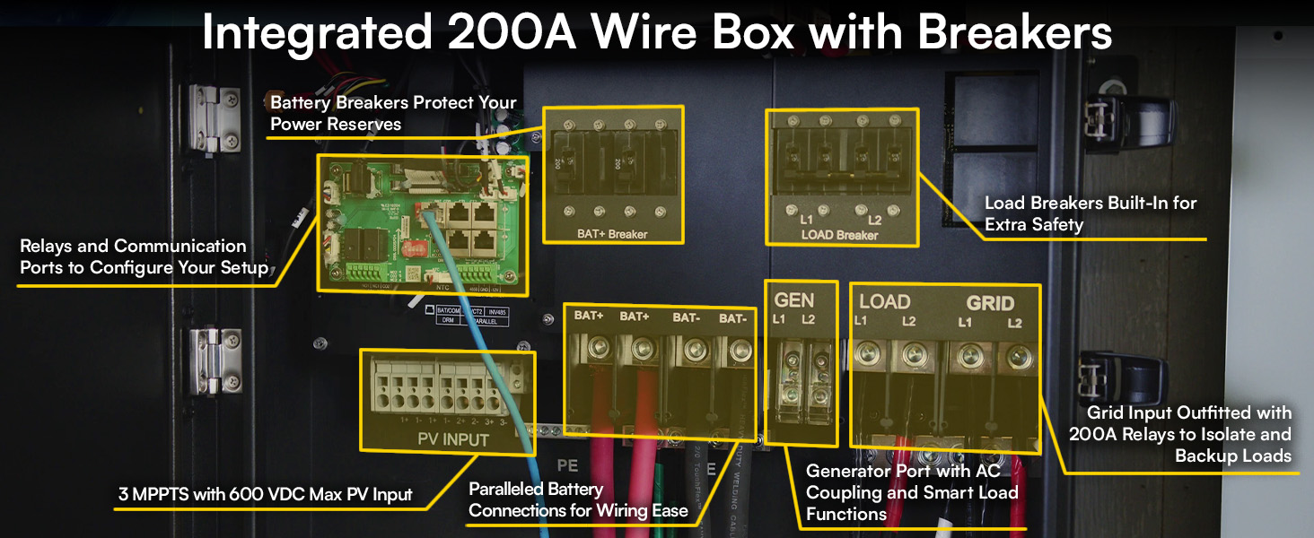 eg4 18kpv all in one hybrid solar inverter with integrated 200a wirebox with breakers