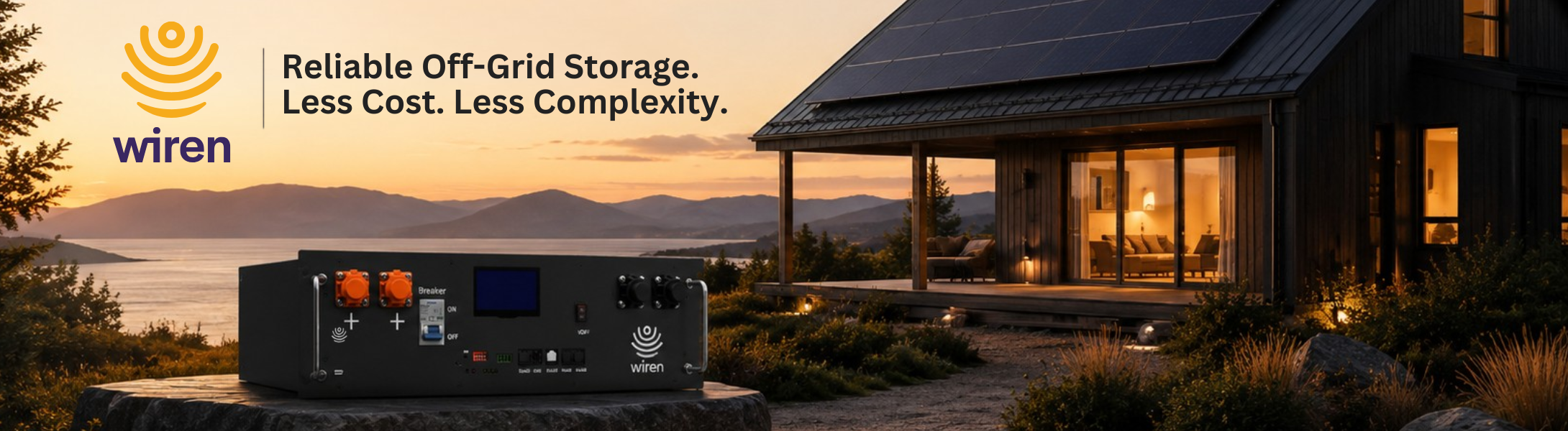 Wiren battery shown outside a cabin overlooking a lake with mountains and Wiren logo.
