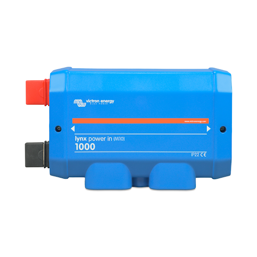 Victron Energy Lynx Power In M10 modular DC busbar, blue housing with positive and negative terminals.