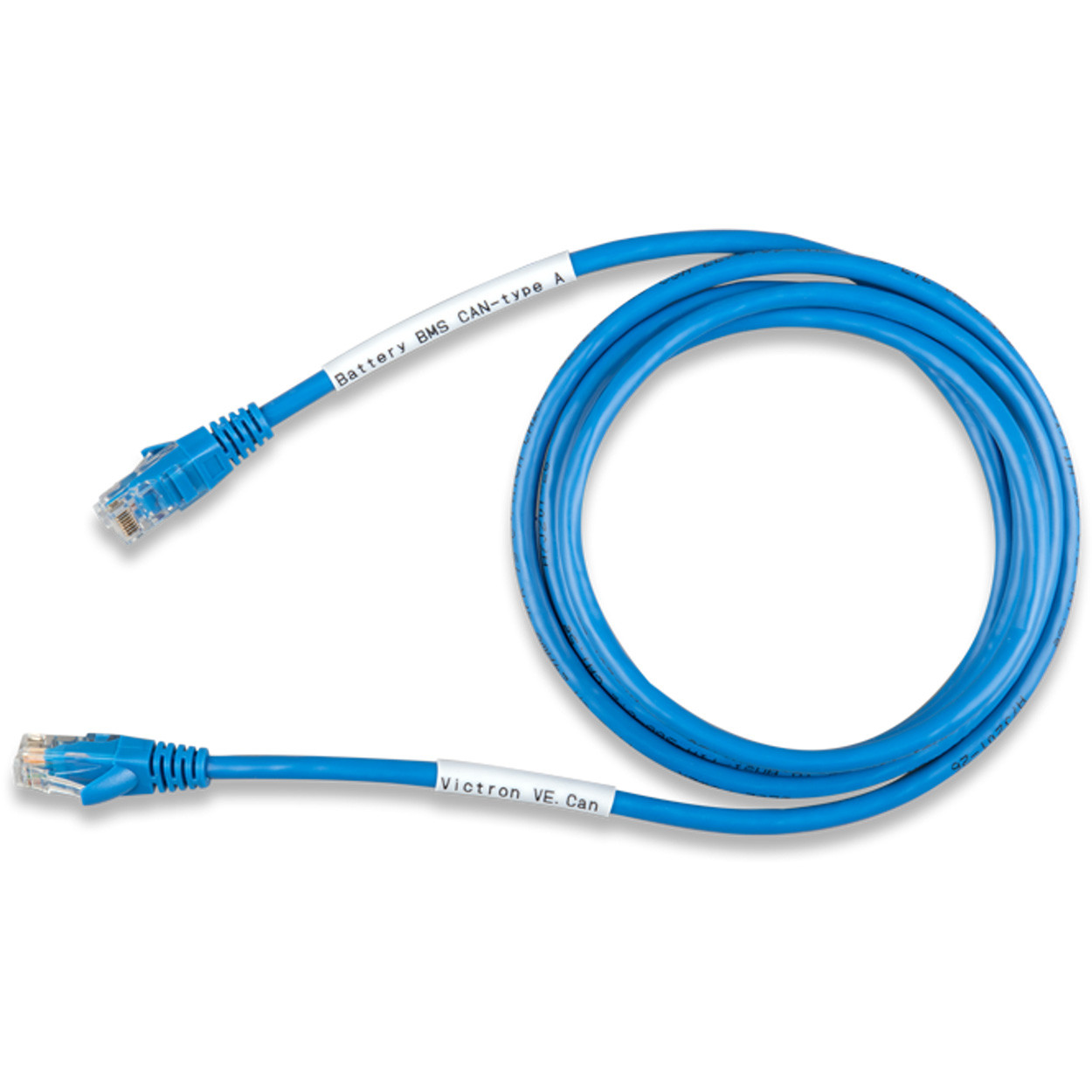 Blue Ethernet communication cable coiled neatly with RJ45 connectors on both ends and labeled for identification.