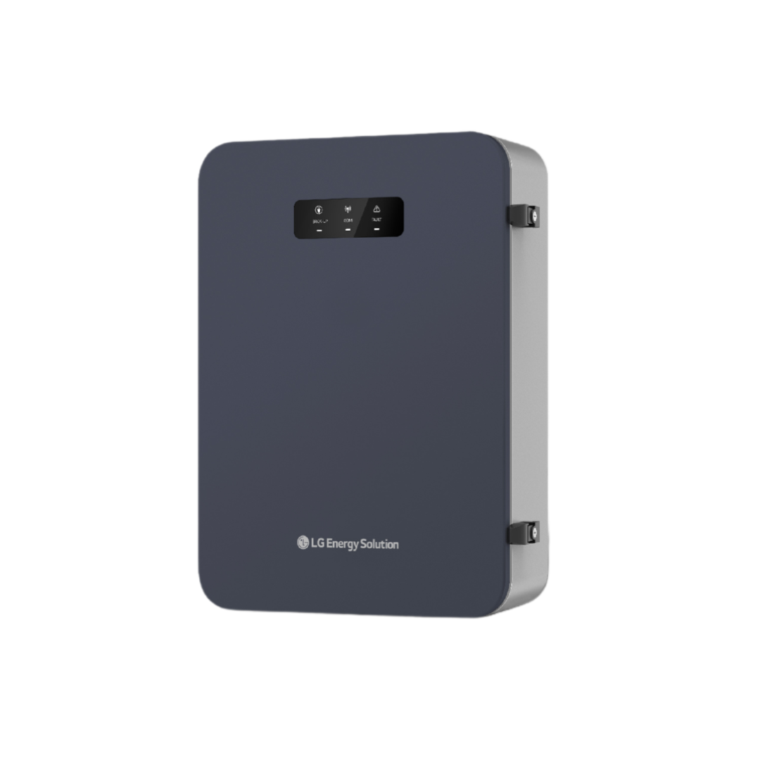 LG Energy Solution automatic backup device with dark gray wall-mounted enclosure and front status indicator panel.