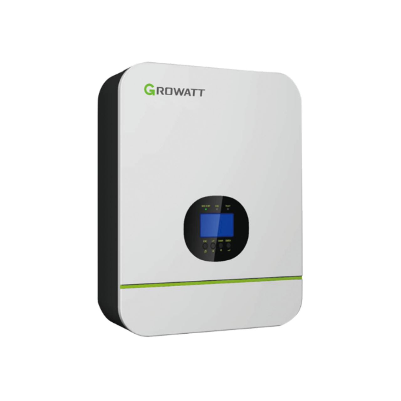 Front view of Growatt 3kW Stackable Off-Grid Inverter with MPPT solar charge controller showing indicator lights and screen