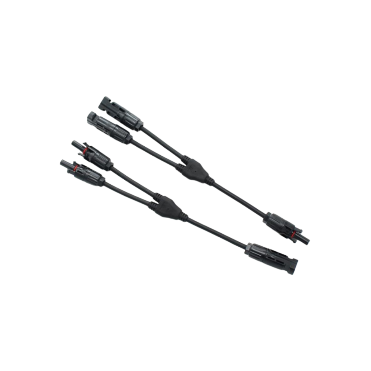 pair of flexible mc4 style branch combiner cables black cords with two end points side by side