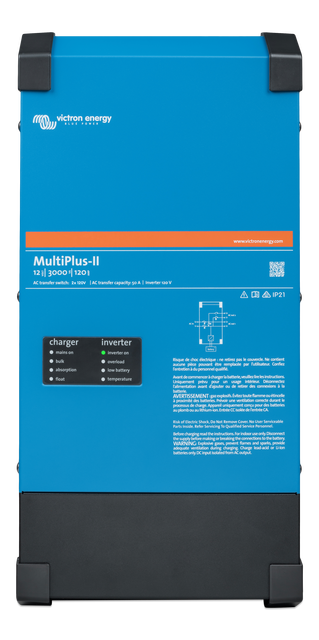 Front view of Victron MultiPlus-II 12/3000 with 12V Input and 3000VA Output 120/240V with 120A Charger and Transfer Switch