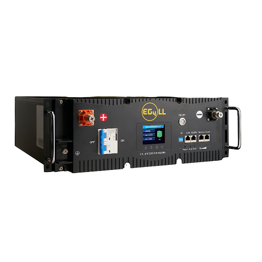EG4 LL Lithium Battery (V2) 24V 200AH Server Rack Battery, showing front panel with touchscreen and terminal connections