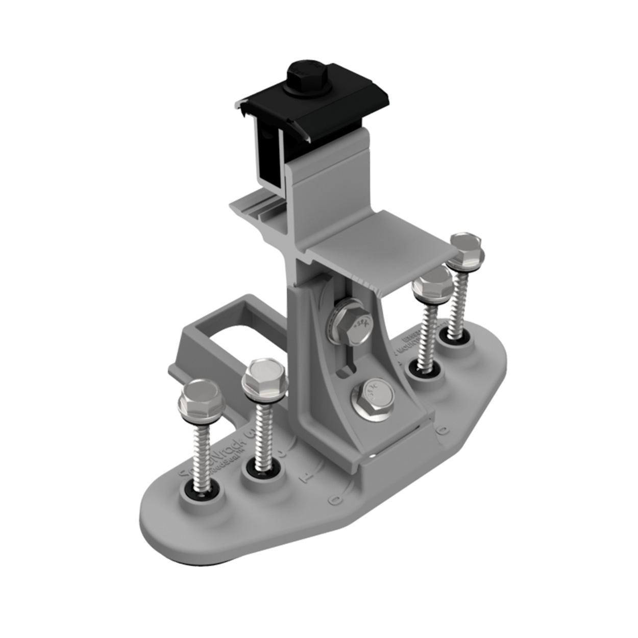 Angled view of SnapNrack TopSpeed Solar Panel Roof Mount Kit with attaching roof screws, gasket sealed-bottom and secure clamp system for solar panels