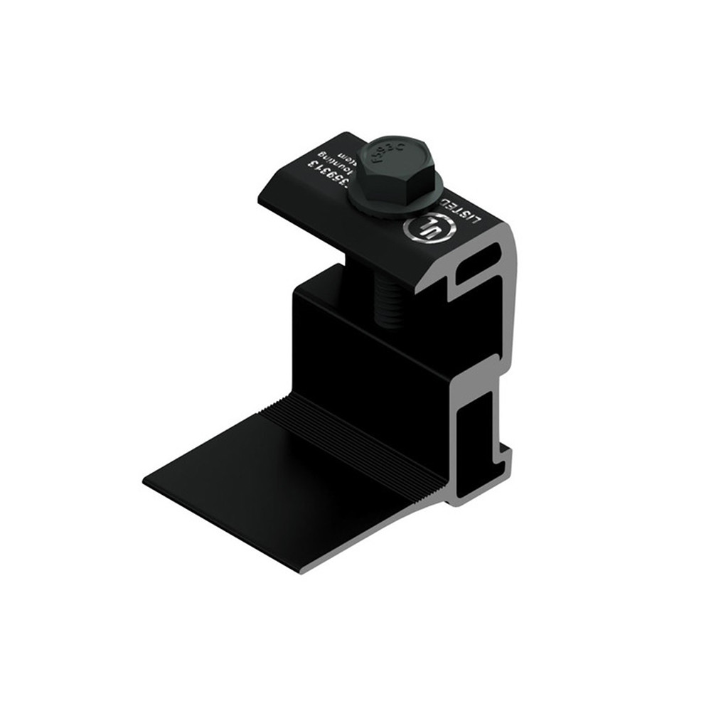 Top angled view of SnapNRack Add-a-lip box frame adapter, black in color, with secure solar panel rail mounting grooves