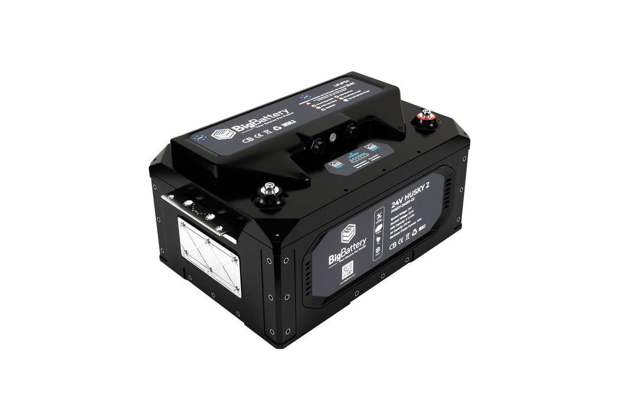 Angled view of BigBattery 24V HUSKY 2 showing terminals on top of battery