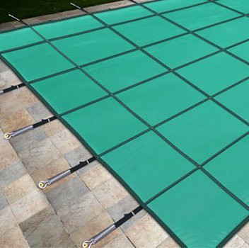 16' x 32' Rectangle with Left 1' Offset, 8' x 4' Step Safety Cover: Bronze Elite Mesh