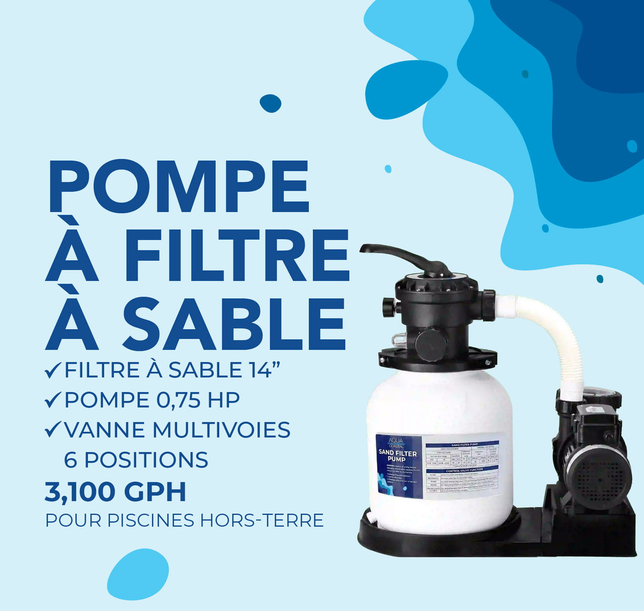 Filtre au sable Aqua Coastal 14" / pompe 0,6 HP, système pour piscine hors terre