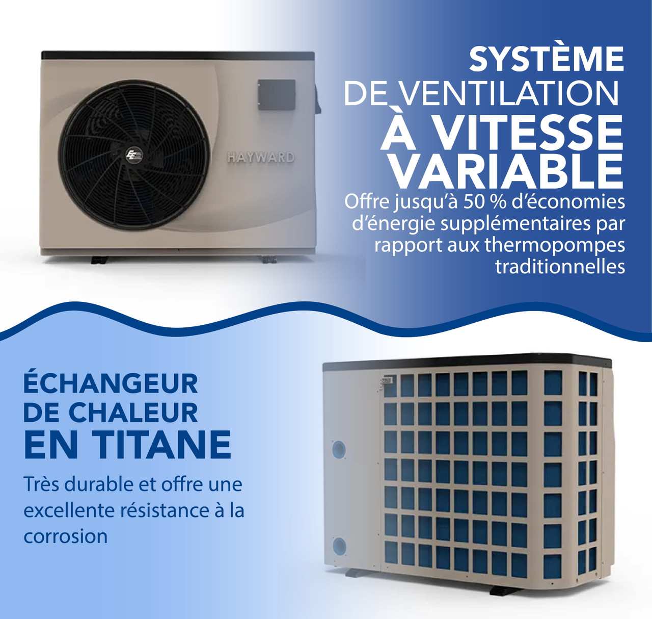 Pompe à chaleur Hayward - 80 000 BTU, vitesse variable, échangeur en titane