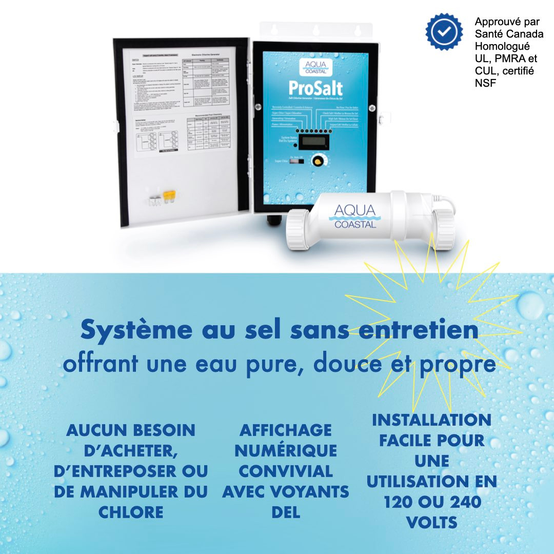 Générateur au sel hors terre Aqua Coastal ProSalt avec fiche de 5', cellule 15 000 gallons