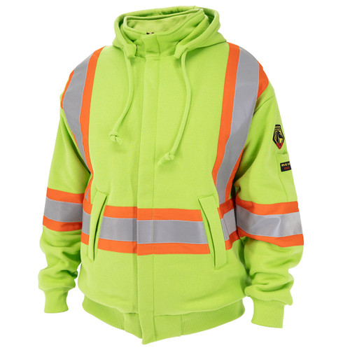 Full-Zip FR Cotton Hooded Sweatshirt with 2" Reflective Tape, Lime Green