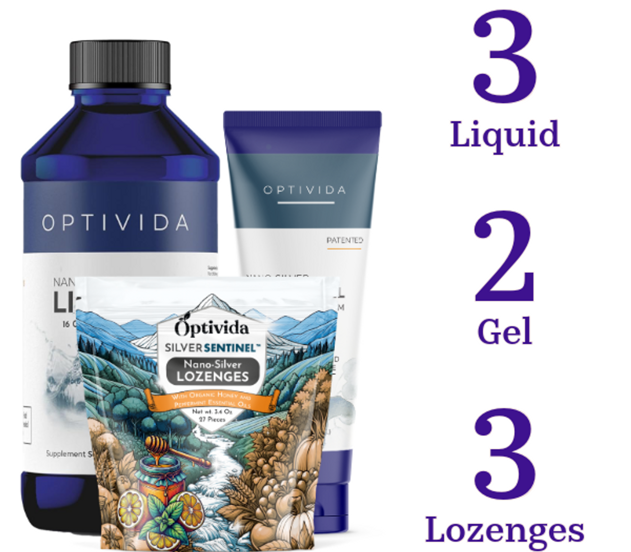 Nano Silver 3-2-3 Value Pack | 3 Liquid- 2 Topical Gel - 3 Lozenges 