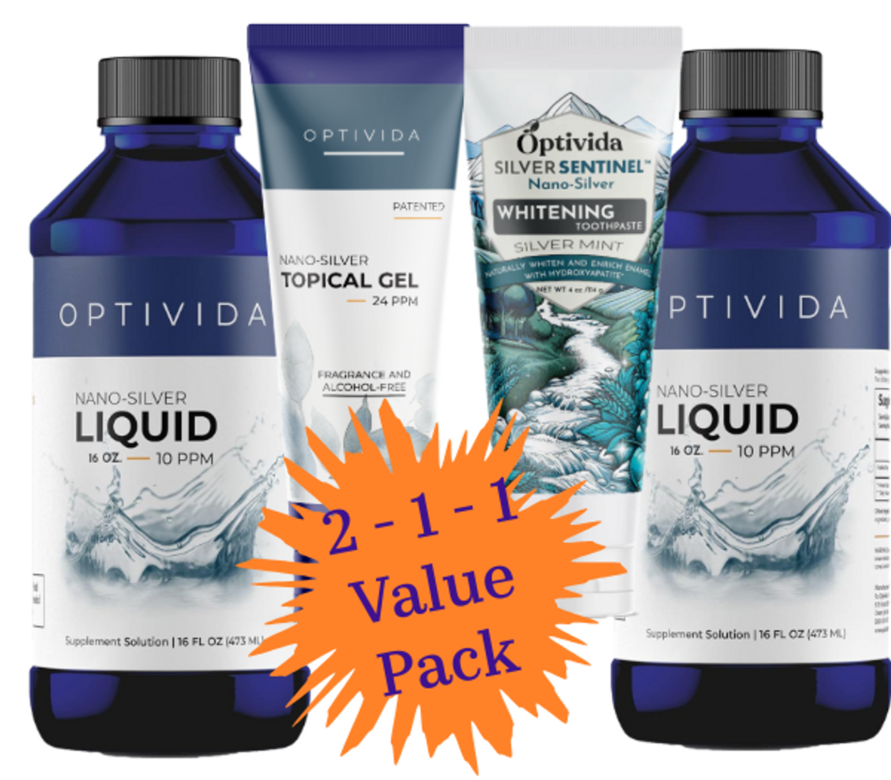 Nano Silver 2-1-1  Value Pack | 2 Liquid - 1 Topical Gel - 1  Silver Whitening Toothpaste