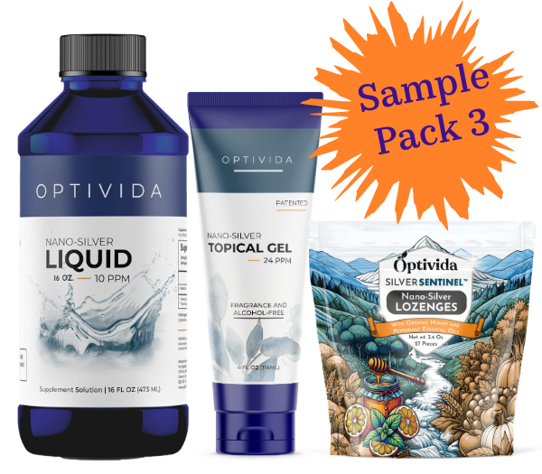 Nano Silver Sampler 3 Pack | 1 Liquid - 1 Topical Gel - 1 Lozenges Box 
