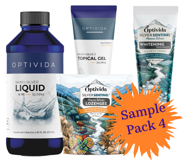 Nano Silver Sampler 4 Pack | 1 Liquid - 1 Topical Gel - 1  Silver Whitening Toothpaste - 1 Lozenge 