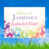Pastel butterflies are featured on our enchanted forest theme yard sign. Use to welcome guests or to wish your celebrant a very happy birthday. Comes with easy to install metal ground stakes. Quick turnaround. Free shipping, no minimum.
