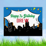 Wish your little superhero fan an awesome, happy birthday with our personalized birthday yard sign. Waterproof. Reusable. Comes with easy to use metal ground stakes.