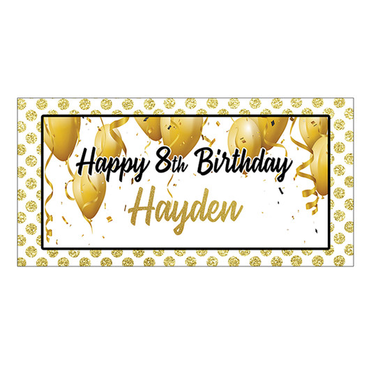 Elegant black and gold theme birthday party banners are the perfect addition to your special event. Easily hang on any flat surface. Each banner comes with grommets in each corner. Quick turnaround. Free shipping; no minimum.