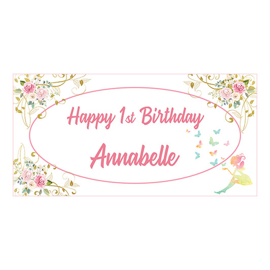 An adorable golden fairy is featured on our personalized fairy theme banner. This is the perfect addition to your little one's special day. Use as a backdrop for your buffet table, dessert table or entrance way. Comes with grommets for easy hanging.